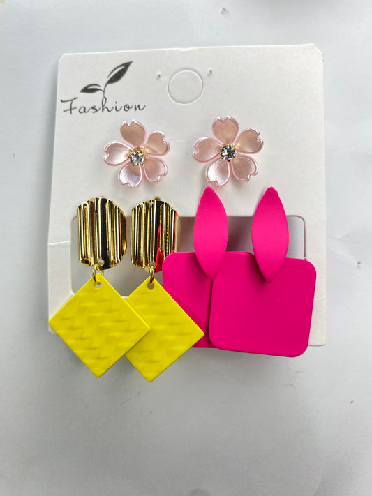 Pink yellow 3 in 1 earrings